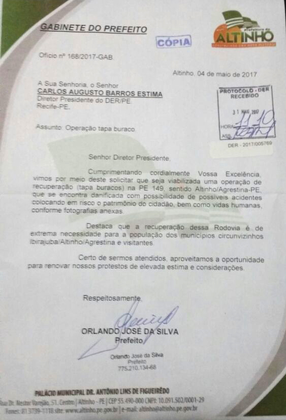 Prefeitura do Altinho » Prefeito Orlando José envia ofício ao DER  solicitando operação tapa-buracos na PE-149
